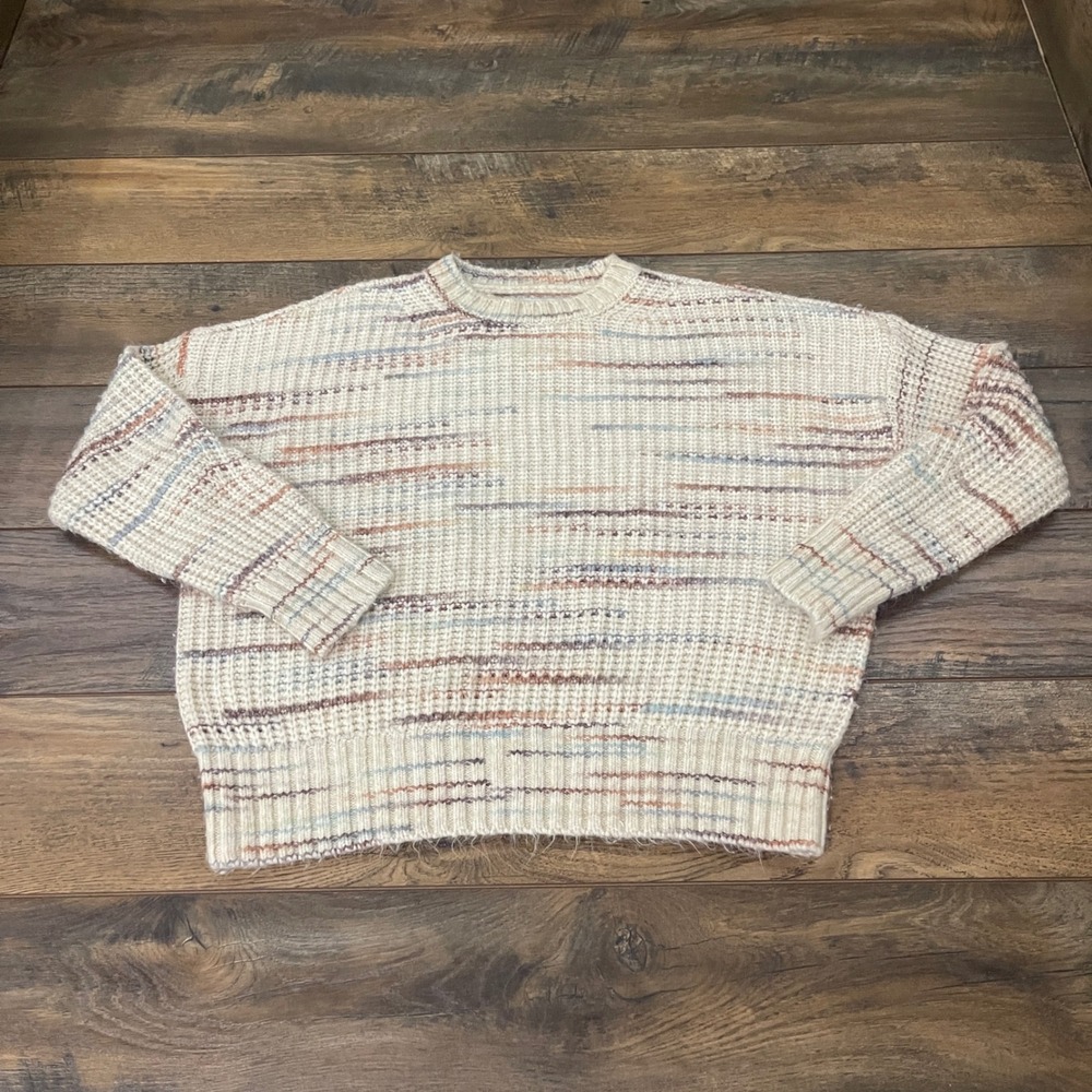 American Eagle Striped Crewneck Sweater Ivory Multi Space Dye Knit Small Chunky